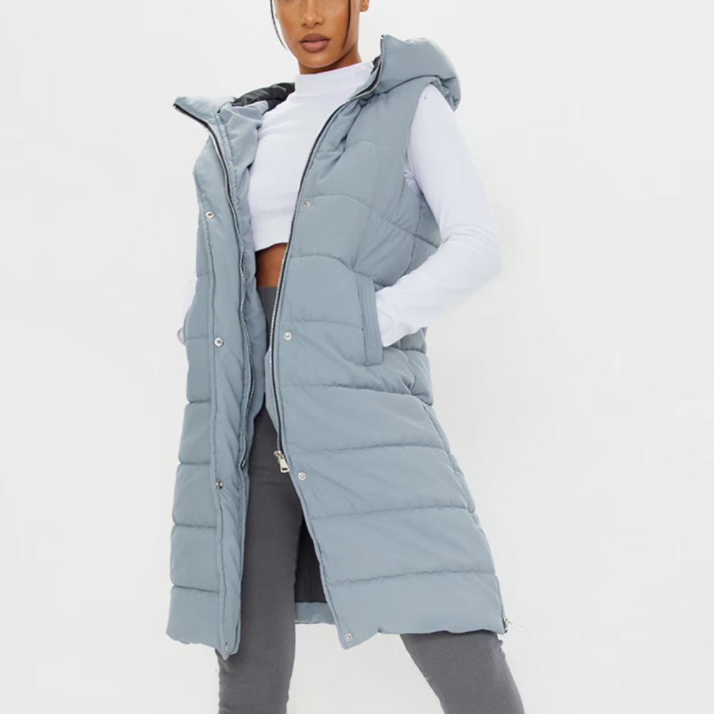 Light Gray Puffer Vest with High Collar and Quilted Design, PRETTYLITTLETHING